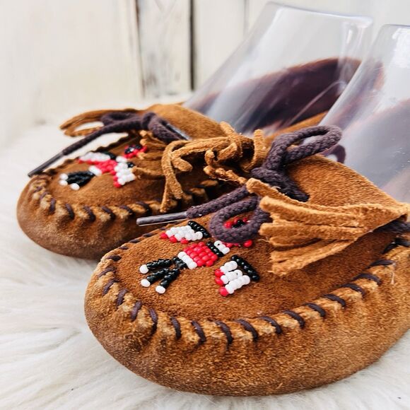 Minnetonka Thunderbird Animikii Softsole Brown Suede Leather Moccasins Size 5.5 - Picture 2 of 8